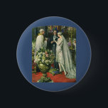 Vintage Hochzeit, Braut und Bräutigam mit Menorah Button<br><div class="desc">Vintage Illustration Liebe und romanische Hochzeitszeremonie mit einem Ehepaar,  das in einer schönen Synagoge mit Buntglasfenstern,  Blume und einer sieben Zweigstellen-Menorah heiraten wird. Die Braut trägt ein langes weißes Hochzeitskleid und der Bräutigam ist gut aussehend in seinem Smoking.</div>