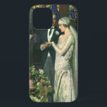 Vintage Hochzeit, Braut und Bräutigam mit Menorah iPhone 12 Hülle<br><div class="desc">Vintage Illustration Liebe und romanische Hochzeitszeremonie mit einem Ehepaar,  das in einer schönen Synagoge mit Buntglasfenstern,  Blume und einer sieben Zweigstellen-Menorah heiraten wird. Die Braut trägt ein langes weißes Hochzeitskleid und der Bräutigam ist gut aussehend in seinem Smoking.</div>
