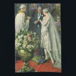 Vintage Hochzeit, Braut und Bräutigam mit Menorah Geschirrtuch<br><div class="desc">Vintage Illustration Liebe und romanische Hochzeitszeremonie mit einem Ehepaar,  das in einer schönen Synagoge mit Buntglasfenstern,  Blume und einer sieben Zweigstellen-Menorah heiraten wird. Die Braut trägt ein langes weißes Hochzeitskleid und der Bräutigam ist gut aussehend in seinem Smoking.</div>
