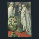 Vintage Hochzeit, Braut und Bräutigam mit Menorah Geschirrtuch<br><div class="desc">Vintage Illustration Liebe und romanische Hochzeitszeremonie mit einem Ehepaar,  das in einer schönen Synagoge mit Buntglasfenstern,  Blume und einer sieben Zweigstellen-Menorah heiraten wird. Die Braut trägt ein langes weißes Hochzeitskleid und der Bräutigam ist gut aussehend in seinem Smoking.</div>