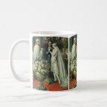 Vintage Hochzeit, Braut und Bräutigam mit Menorah Kaffeetasse<br><div class="desc">Vintage Illustration Liebe und romanische Hochzeitszeremonie mit einem Ehepaar,  das in einer schönen Synagoge mit Buntglasfenstern,  Blume und einer sieben Zweigstellen-Menorah heiraten wird. Die Braut trägt ein langes weißes Hochzeitskleid und der Bräutigam ist gut aussehend in seinem Smoking.</div>