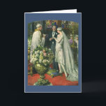 Vintage Hochzeit, Braut und Bräutigam mit Menorah Karte<br><div class="desc">Vintage Illustration Liebe und romanische Hochzeitszeremonie mit einem Ehepaar,  das in einer schönen Synagoge mit Buntglasfenstern,  Blume und einer sieben Zweigstellen-Menorah heiraten wird. Die Braut trägt ein langes weißes Hochzeitskleid und der Bräutigam ist gut aussehend in seinem Smoking.</div>