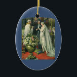 Vintage Hochzeit, Braut und Bräutigam mit Menorah Keramik Ornament<br><div class="desc">Vintage Illustration Liebe und romanische Hochzeitszeremonie mit einem Ehepaar,  das in einer schönen Synagoge mit Buntglasfenstern,  Blume und einer sieben Zweigstellen-Menorah heiraten wird. Die Braut trägt ein langes weißes Hochzeitskleid und der Bräutigam ist gut aussehend in seinem Smoking.</div>