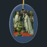 Vintage Hochzeit, Braut und Bräutigam mit Menorah Keramik Ornament<br><div class="desc">Vintage Illustration Liebe und romanische Hochzeitszeremonie mit einem Ehepaar,  das in einer schönen Synagoge mit Buntglasfenstern,  Blume und einer sieben Zweigstellen-Menorah heiraten wird. Die Braut trägt ein langes weißes Hochzeitskleid und der Bräutigam ist gut aussehend in seinem Smoking.</div>