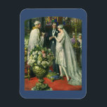 Vintage Hochzeit, Braut und Bräutigam mit Menorah Magnet<br><div class="desc">Vintage Illustration Liebe und romanische Hochzeitszeremonie mit einem Ehepaar,  das in einer schönen Synagoge mit Buntglasfenstern,  Blume und einer sieben Zweigstellen-Menorah heiraten wird. Die Braut trägt ein langes weißes Hochzeitskleid und der Bräutigam ist gut aussehend in seinem Smoking.</div>