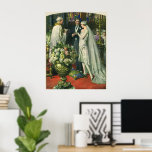 Vintage Hochzeit, Braut und Bräutigam mit Menorah Poster<br><div class="desc">Vintage Illustration Liebe und romanische Hochzeitszeremonie mit einem Ehepaar,  das in einer schönen Synagoge mit Buntglasfenstern,  Blume und einer sieben Zweigstellen-Menorah heiraten wird. Die Braut trägt ein langes weißes Hochzeitskleid und der Bräutigam ist gut aussehend in seinem Smoking.</div>
