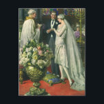 Vintage Hochzeit, Braut und Bräutigam mit Menorah Postkarte<br><div class="desc">Vintage Illustration Liebe und romanische Hochzeitszeremonie mit einem Ehepaar,  das in einer schönen Synagoge mit Buntglasfenstern,  Blume und einer sieben Zweigstellen-Menorah heiraten wird. Die Braut trägt ein langes weißes Hochzeitskleid und der Bräutigam ist gut aussehend in seinem Smoking.</div>