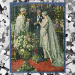 Vintage Hochzeit, Braut und Bräutigam mit Menorah Puzzle<br><div class="desc">Vintage Illustration Liebe und romanische Hochzeitszeremonie mit einem Ehepaar,  das in einer schönen Synagoge mit Buntglasfenstern,  Blume und einer sieben Zweigstellen-Menorah heiraten wird. Die Braut trägt ein langes weißes Hochzeitskleid und der Bräutigam ist gut aussehend in seinem Smoking.</div>