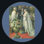 Vintage Hochzeit, Braut und Bräutigam mit Menorah Runder Aufkleber<br><div class="desc">Vintage Illustration Liebe und romanische Hochzeitszeremonie mit einem Ehepaar,  das in einer schönen Synagoge mit Buntglasfenstern,  Blume und einer sieben Zweigstellen-Menorah heiraten wird. Die Braut trägt ein langes weißes Hochzeitskleid und der Bräutigam ist gut aussehend in seinem Smoking.</div>