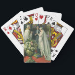 Vintage Hochzeit, Braut und Bräutigam mit Menorah Spielkarten<br><div class="desc">Vintage Illustration Liebe und romanische Hochzeitszeremonie mit einem Ehepaar,  das in einer schönen Synagoge mit Buntglasfenstern,  Blume und einer sieben Zweigstellen-Menorah heiraten wird. Die Braut trägt ein langes weißes Hochzeitskleid und der Bräutigam ist gut aussehend in seinem Smoking.</div>