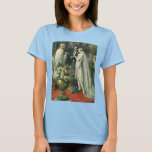Vintage Hochzeit, Braut und Bräutigam mit Menorah T-Shirt<br><div class="desc">Vintage Illustration Liebe und romanische Hochzeitszeremonie mit einem Ehepaar,  das in einer schönen Synagoge mit Buntglasfenstern,  Blume und einer sieben Zweigstellen-Menorah heiraten wird. Die Braut trägt ein langes weißes Hochzeitskleid und der Bräutigam ist gut aussehend in seinem Smoking.</div>