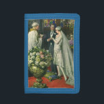 Vintage Hochzeit, Braut und Bräutigam mit Menorah Tri-fold Geldbeutel<br><div class="desc">Vintage Illustration Liebe und romanische Hochzeitszeremonie mit einem Ehepaar,  das in einer schönen Synagoge mit Buntglasfenstern,  Blume und einer sieben Zweigstellen-Menorah heiraten wird. Die Braut trägt ein langes weißes Hochzeitskleid und der Bräutigam ist gut aussehend in seinem Smoking.</div>