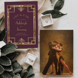 Vintage Hochzeit des Deko Burgundy Gold Foto der 1 Save The Date