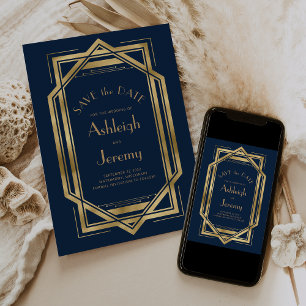 Vintage Hochzeit des Deko Navy Blue Gold Foto der Save The Date