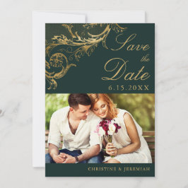 Vintage Hochzeit des Green Gold Floral Damask Foto Save The Date