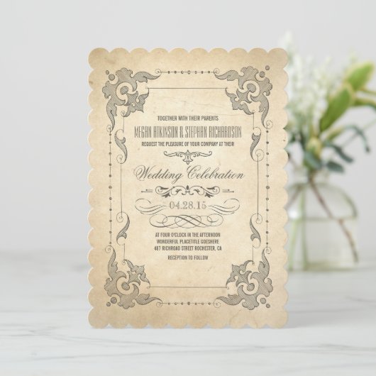 Vintage Hochzeit Einladung antike Schnörkel (Stehend Vorderseite)