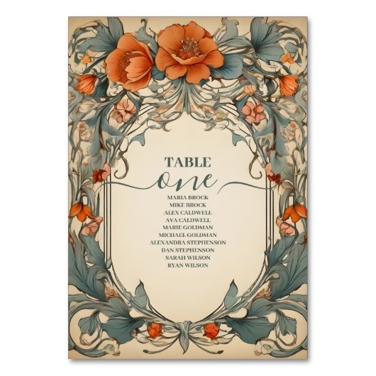Vintage-Hochzeit im Art Nouveau-Stil mit floralen Tischnummer (Vorderseite)