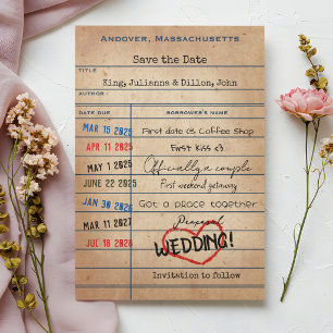 Vintage-Hochzeit im Stil einer Bibliotheks-Ausleih Save The Date