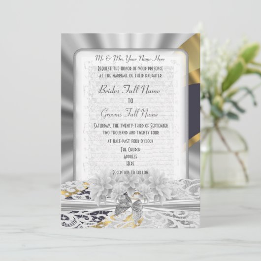 Vintage Hochzeit in Silbergold Einladung (Stehend Vorderseite)