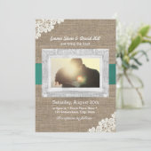 Vintage Hochzeit mit Burlap Foto Einladung (Stehend Vorderseite)