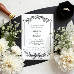 Vintage Hochzeit mit floraler Zeichnung in Schwarz Einladung