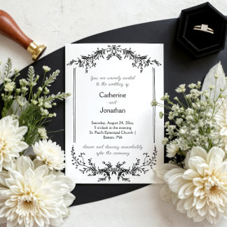 Vintage Hochzeit mit floraler Zeichnung in Schwarz Einladung