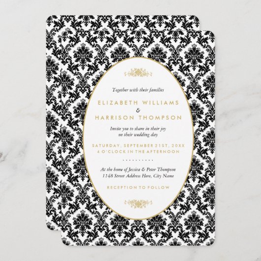 Vintage Hochzeit mit Gold, Schwarz und Weiß Einladung (Vorne/Hinten)