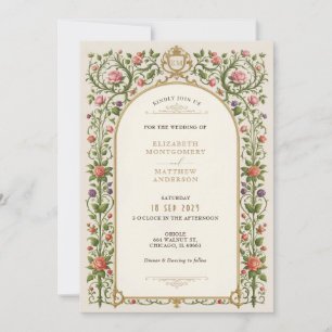 Vintage Hochzeit mit Rosen & Ornamenten in Gold Einladung