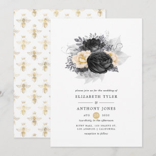 Vintage Hochzeit mit schwarzen und goldenen Blumen Einladung