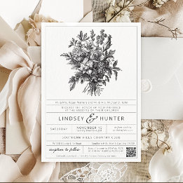 Vintage-Hochzeit mit schwarzen und weißen botanisc Einladung