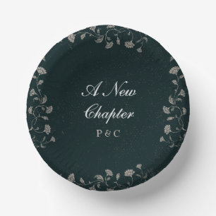 Vintage-Hochzeit mit schwarzer und brauner Bibliot Pappteller