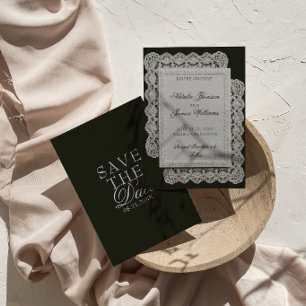 Vintage-Hochzeit mit schwarzer und weißer Spitze, Save The Date