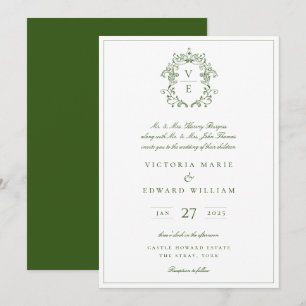Vintage-Hochzeit mit Waldgrünem Wappen-Monogramm Einladung