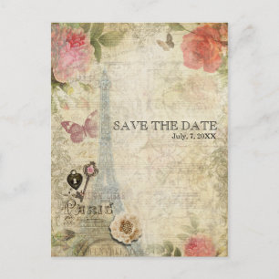 Vintage-Hochzeit Paris rosa Rosen SAVE THE DATE Ankündigungspostkarte