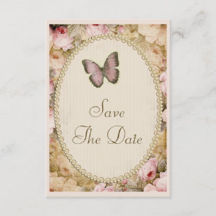 Vintage Hochzeit Rosen & Schmetterling - Terminank Einladung