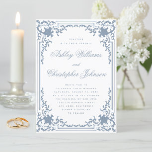 Vintage-Hochzeit staubiges Blau weiß elegantes Skr Einladung