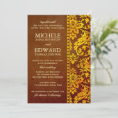 Vintage Hochzeit von Gold & Brown Damask Einladung (Stehend Vorderseite)