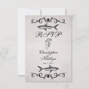 Vintage-Hochzeits-RSVP-Karten mit Hai und Quallen RSVP Karte
