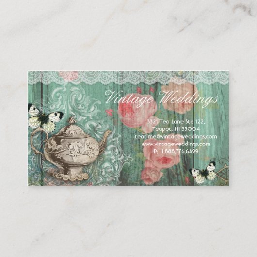 Vintage Hochzeits-Teekanne-Rosen-grüne Visitenkarte (Rückseite)