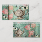 Vintage Hochzeits-Teekanne-Rosen-grüne Visitenkarte (Vorne/Hinten)