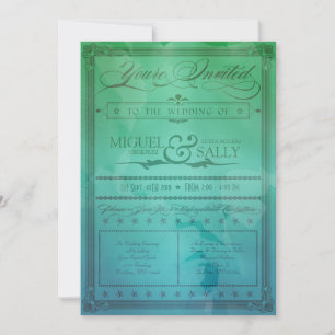 Vintage-Hochzeitseinladung im Meergrün- und Blauto Einladung