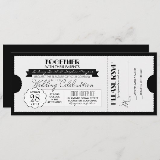 Vintage Hochzeitskarte Einladung Schwarz-Weiß (Vorne/Hinten)