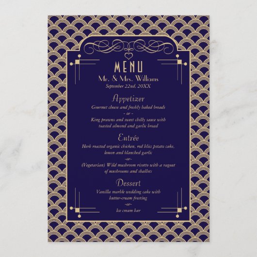 Vintage Hochzeitskollektion Art Déco Gatsby von 19 Menükarte (Vorderseite)