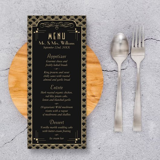 Vintage Hochzeitskollektion Art Déco Gatsby von 19 Menükarte