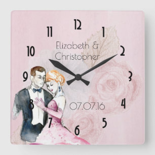 Vintage-Hochzeitspaar auf rosa Rosen personalisier Quadratische Wanduhr