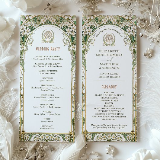 Vintage-Hochzeitsprogramm Elfenbein, Grün & Gold Programm