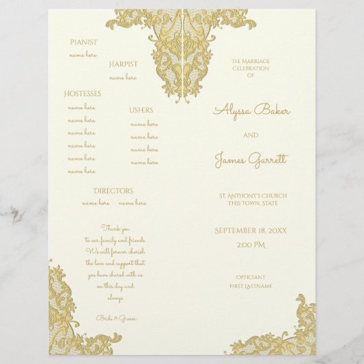 Vintage-Hochzeitsprogramm in Gold und Elfenbein (Vorderseite)