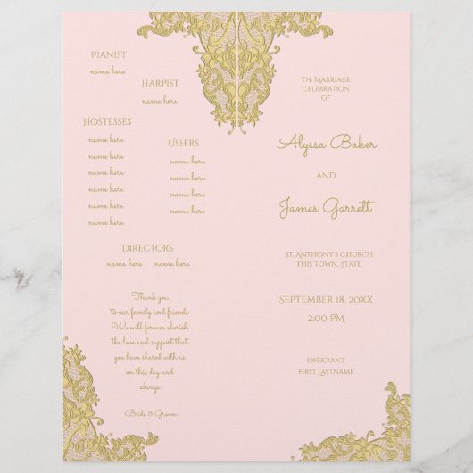 Vintage-Hochzeitsprogramm in Gold und Rosa (Vorderseite)