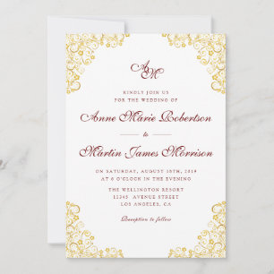 Vintage Hochzeitsreise mit dunkelrotem Gold Einladung