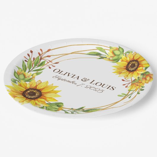 Vintage Hochzeitssonnenblumen romantisch Pappteller (Schrägansicht)